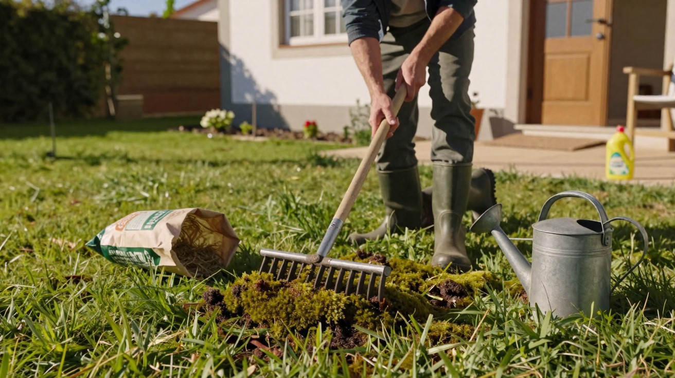 Person in green boots using a rake to remove moss from lawn, with watering can and moss killer nearby.