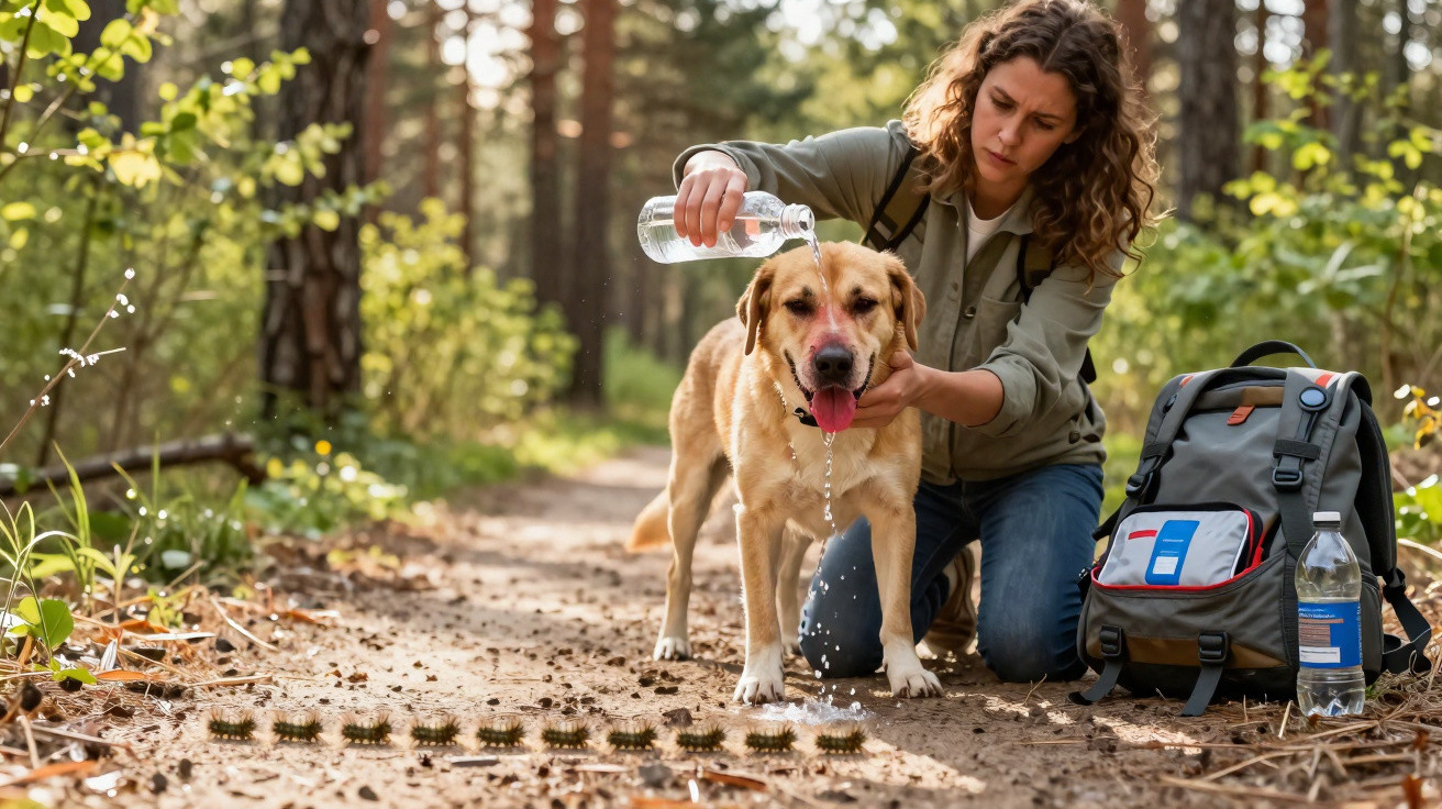 Woman pouring water over a golden retriever’s head while kneeling on a forest trail next to a backpack.