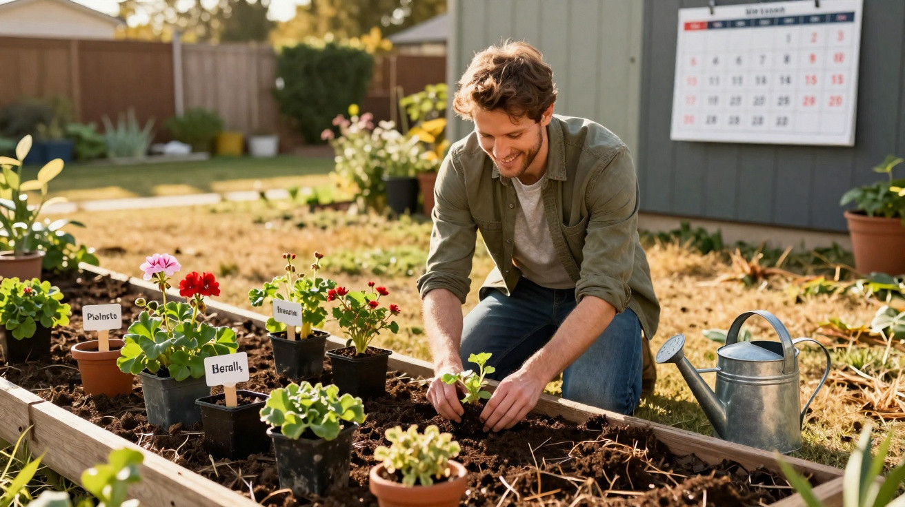 Man planting seedlings in a garden bed with labelled plants and a watering can nearby on a sunny day.
