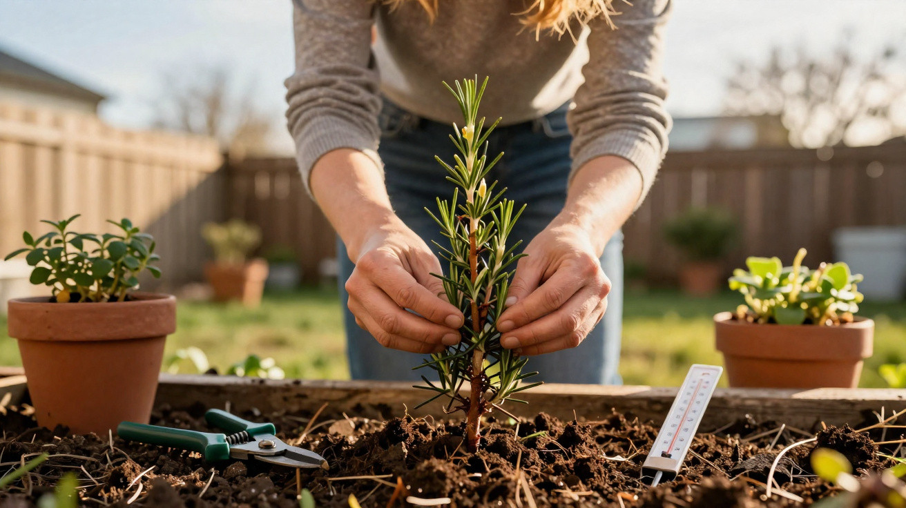 Person tending to a small plant in a garden bed with gardening tools nearby on a sunny day.