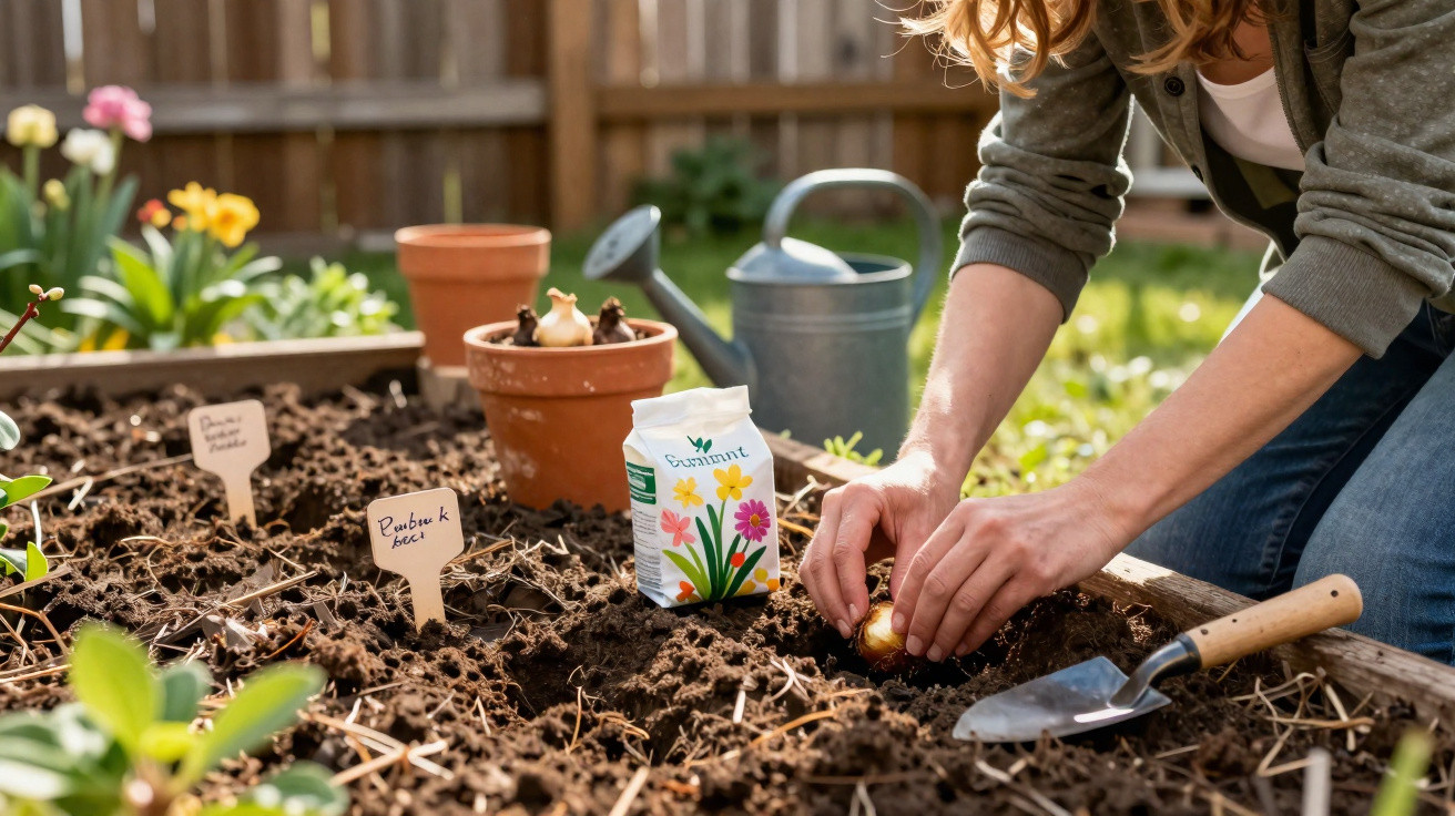 Person planting flower bulbs in soil of raised garden bed with watering can and labels nearby