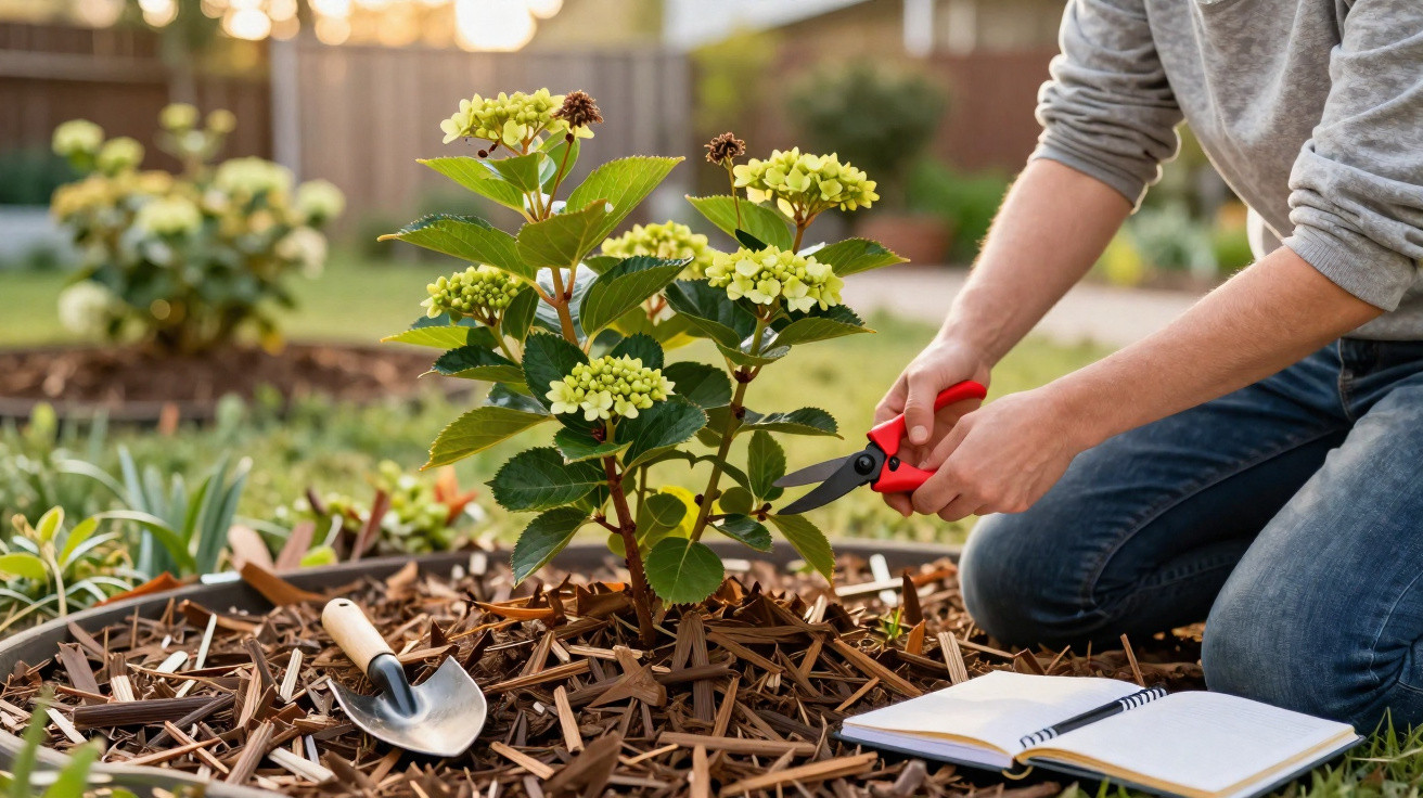 Person pruning a green flowering plant in a garden bed with a trowel and open notebook nearby.