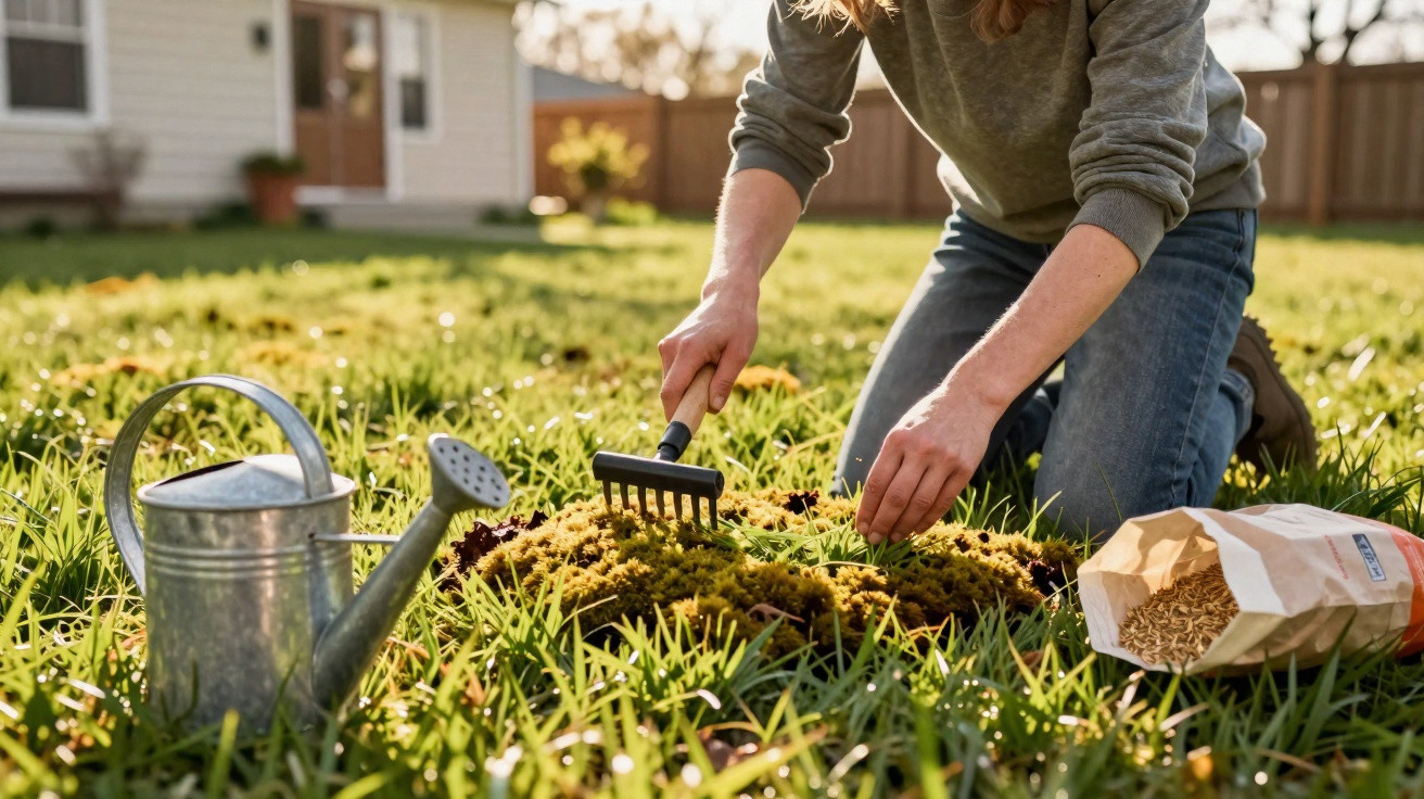 Person kneeling in grass using a small rake with a watering can and seed bag nearby in a backyard garden.