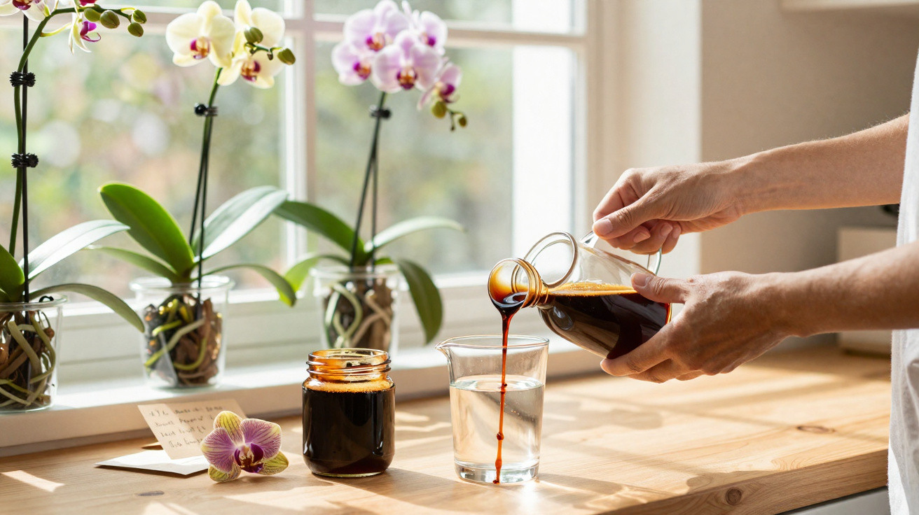Hands pouring coffee from a glass jug into a glass on a wooden table with orchids by a window.