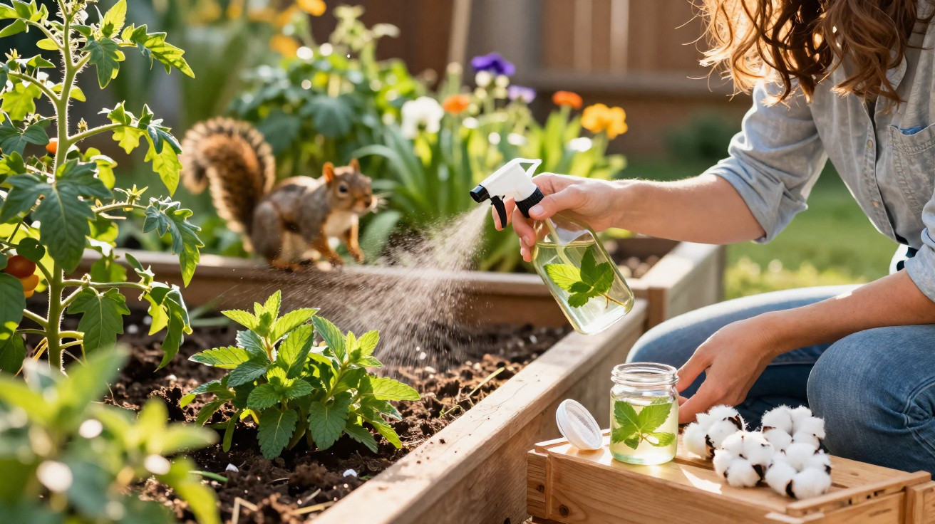 Woman watering plants with a spray bottle in a garden while a squirrel stands on the edge of the planter.