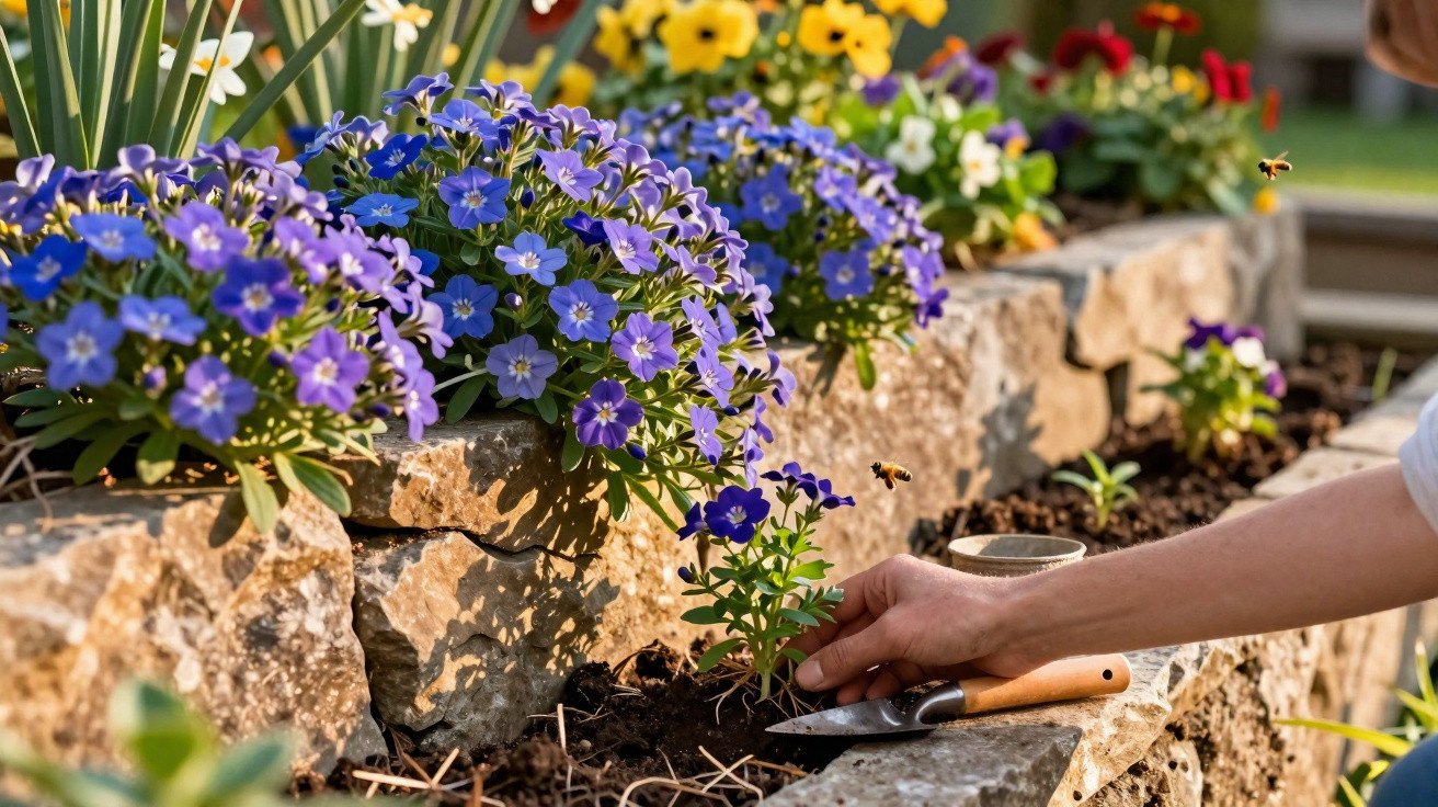 Hand planting purple flowers in raised stone garden bed with gardening trowel and bee nearby.