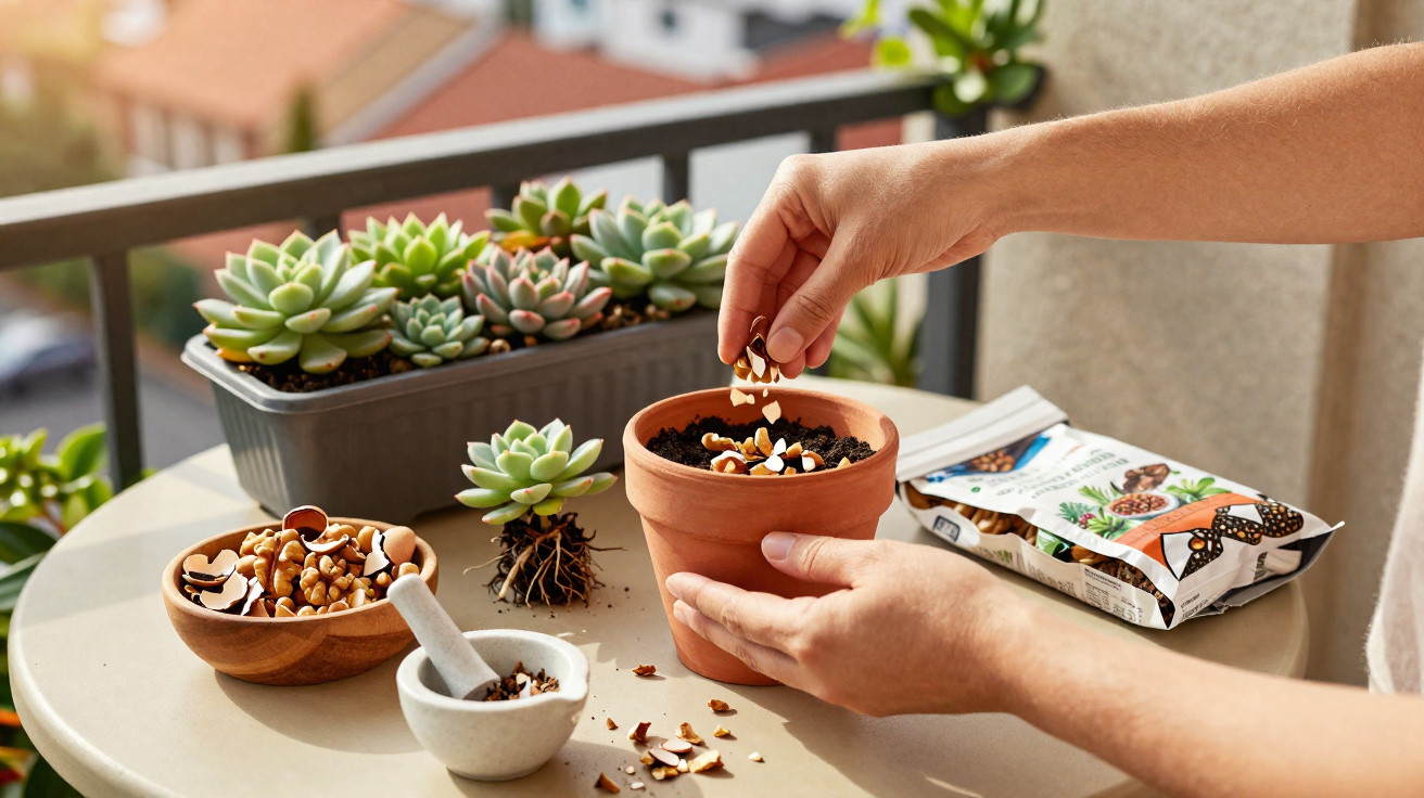Hands potting a succulent in a terracotta pot with soil and broken nutshells on a balcony table.