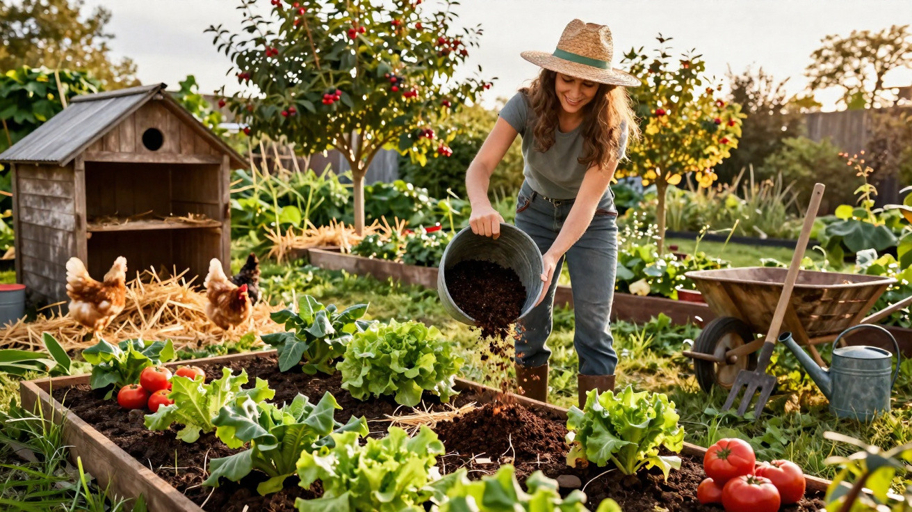 Woman in a straw hat adding soil to a raised vegetable garden with chickens and gardening tools nearby.