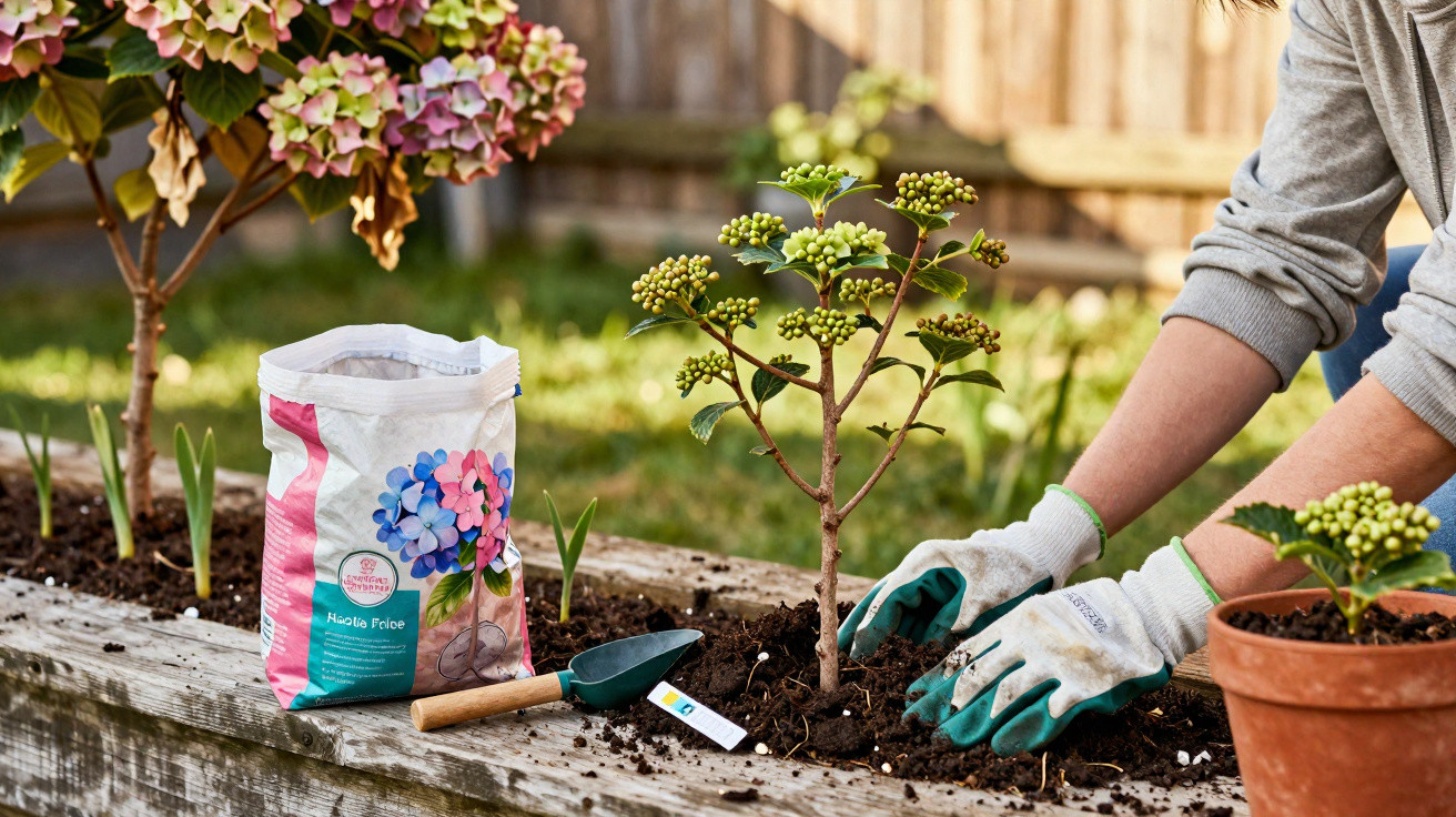 Person wearing gloves planting a small shrub in a garden bed beside a bag of potting soil and garden trowel.