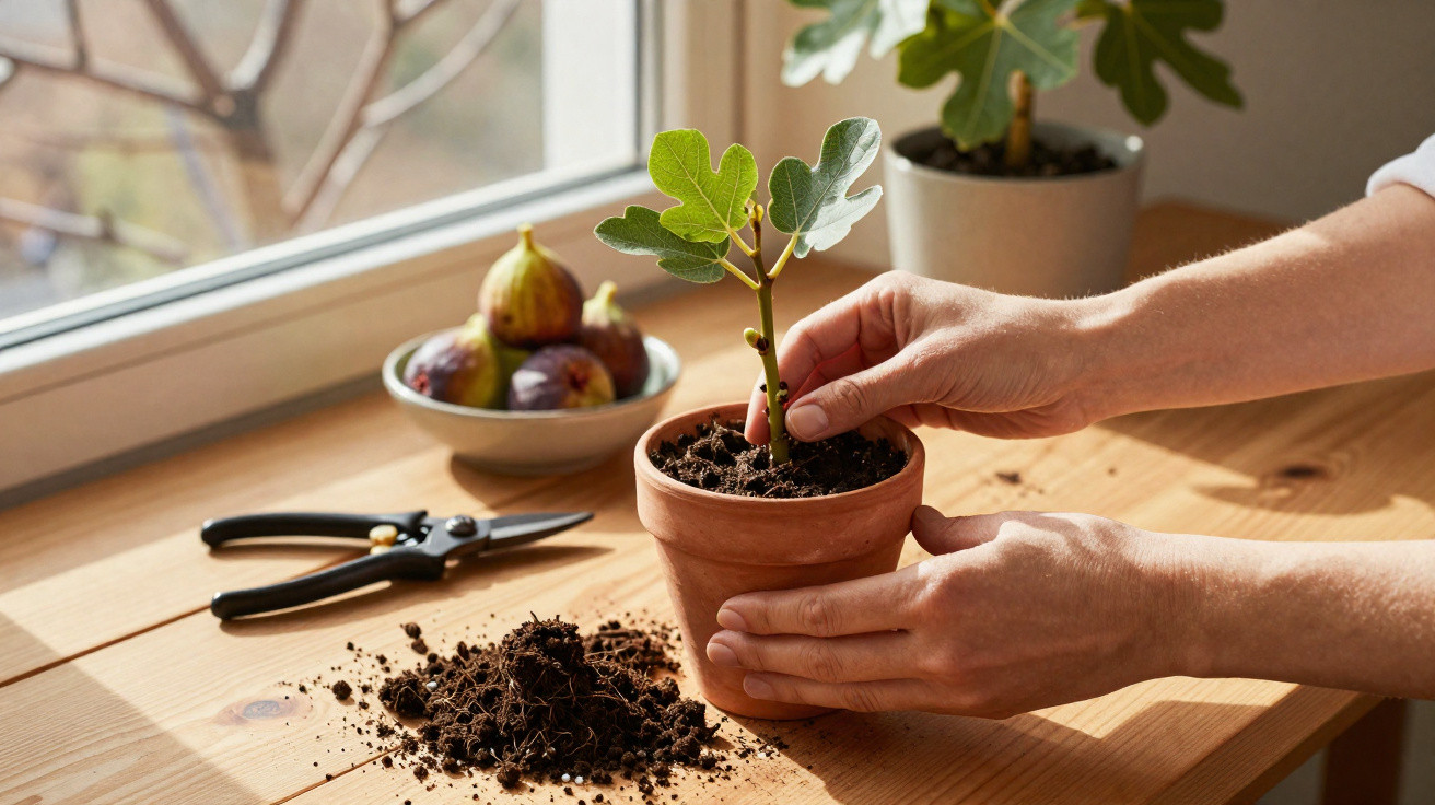 Hands planting a small fig tree in a terracotta pot on a wooden table by a sunlit window.