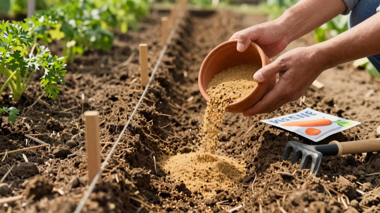 Hands sowing seeds in prepared soil rows in a garden with small rake and seed packet nearby.