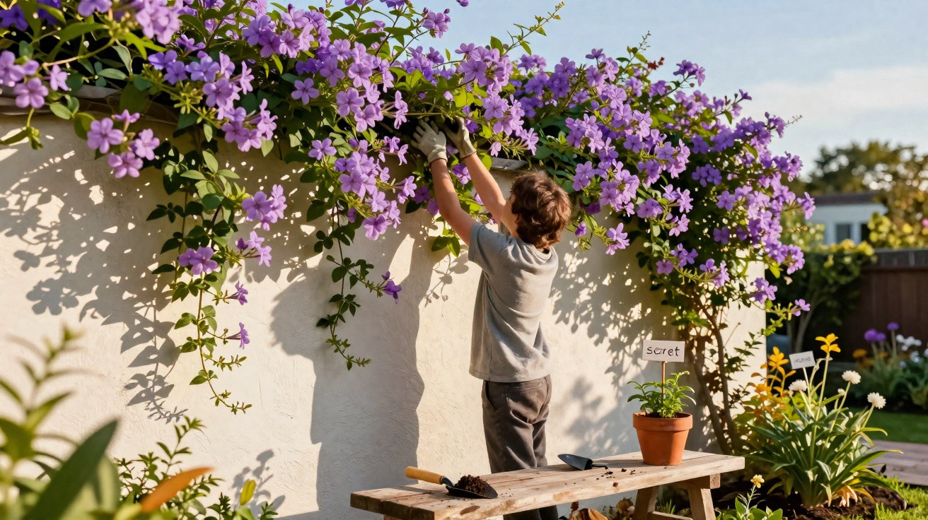 Child wearing gloves trims purple flowering vines on a sunlit garden wall with gardening tools on a bench nearby.