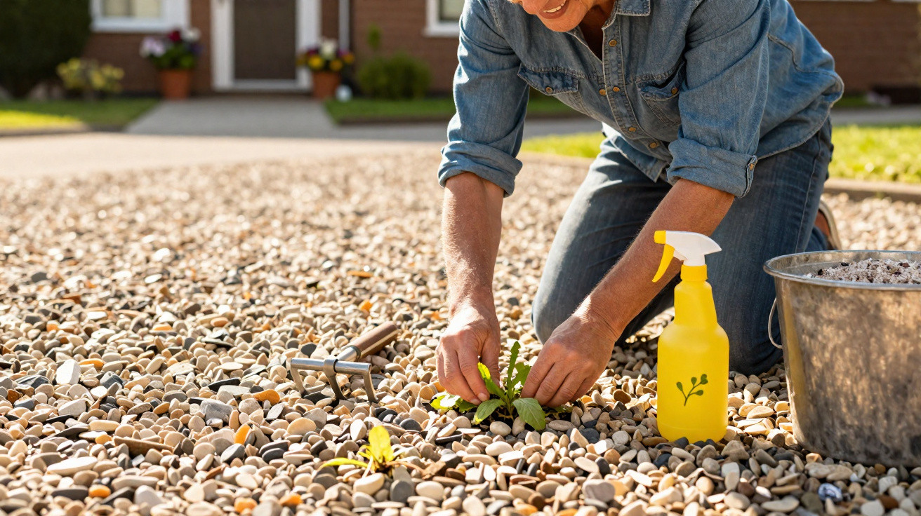 Person kneeling on gravel removing weeds with gardening tools and a yellow spray bottle nearby.