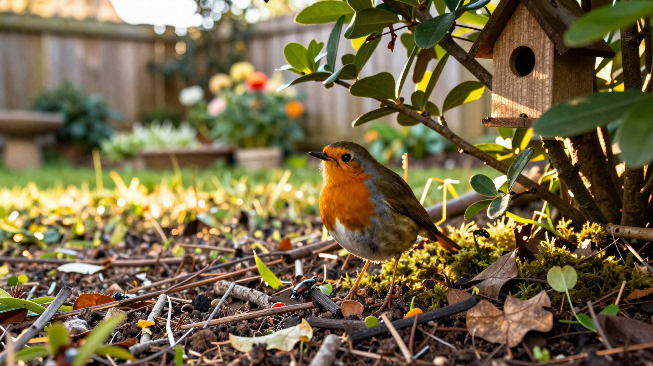 Robin bird standing on the ground near a small wooden birdhouse and green foliage in a garden.