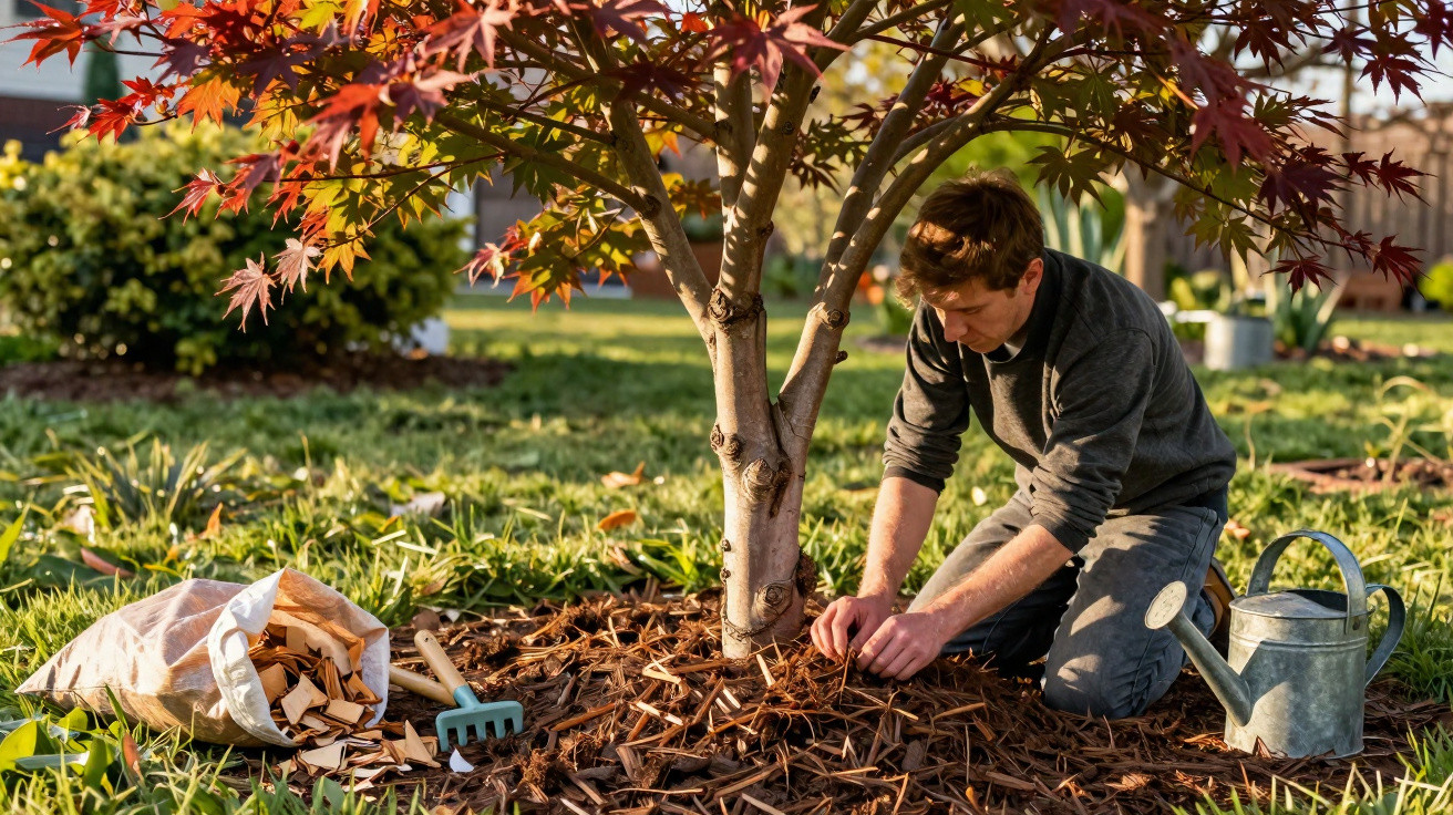 Man kneeling to mulch soil around a small tree in a sunny garden with gardening tools nearby.