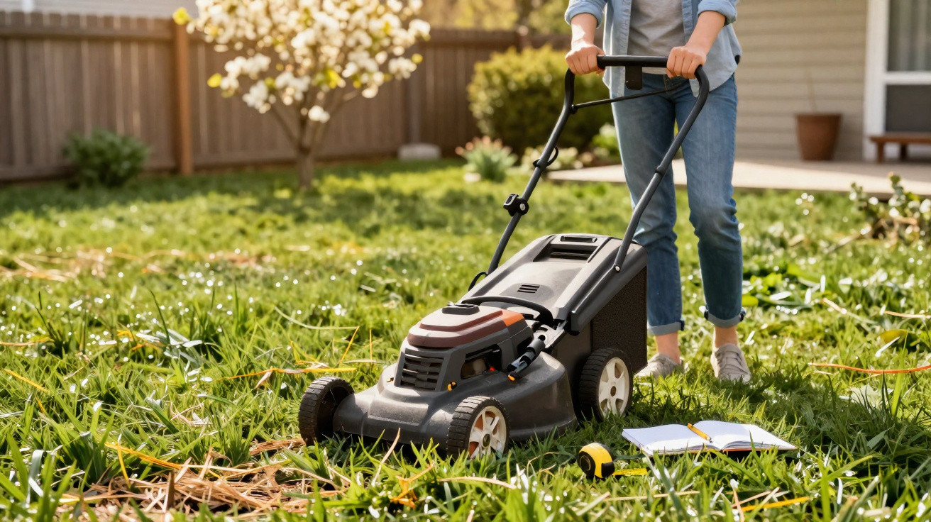 Person mowing overgrown grass in a backyard with an electric lawn mower on a sunny day.