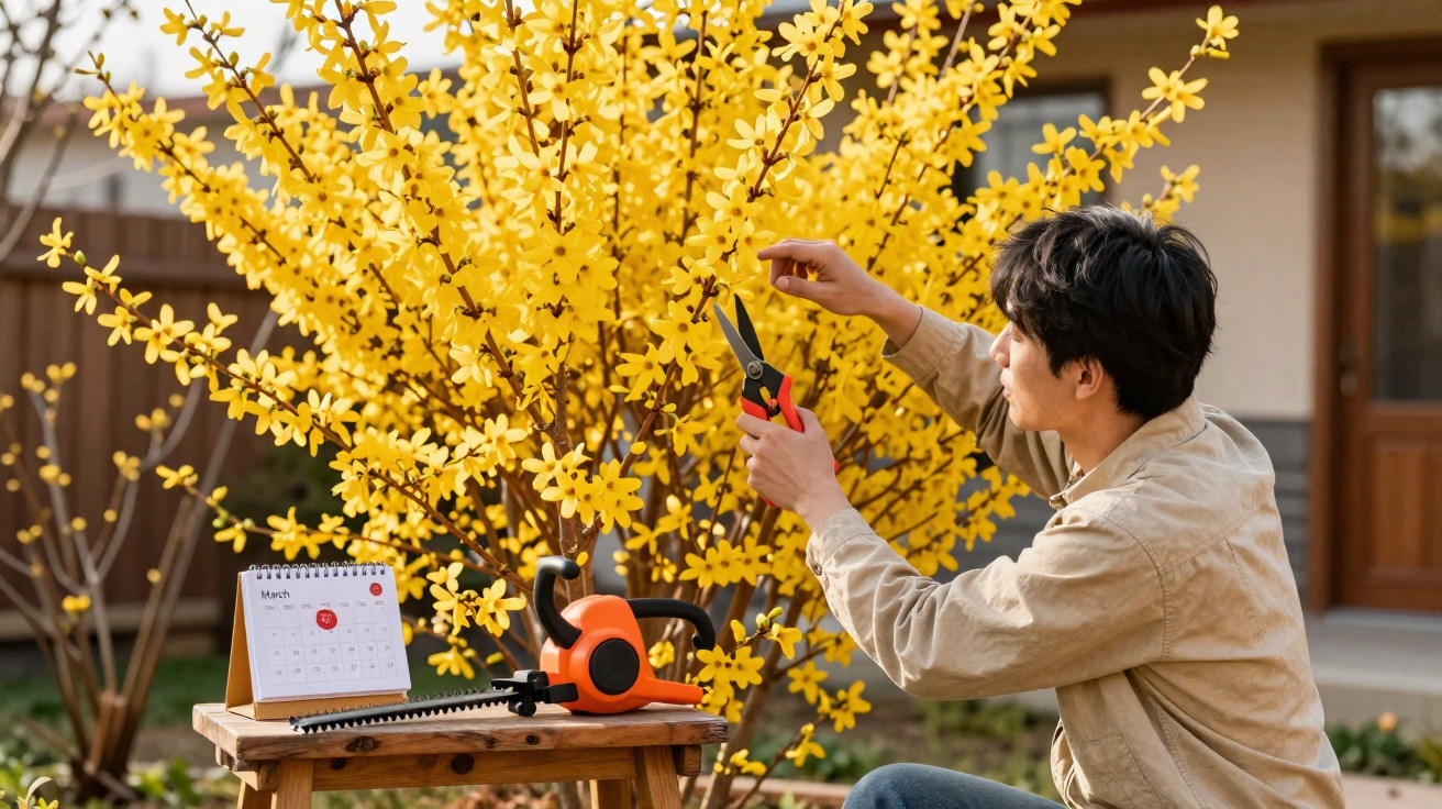 Man trimming bright yellow flowering bush with garden shears beside a table holding a garden tool and calendar.