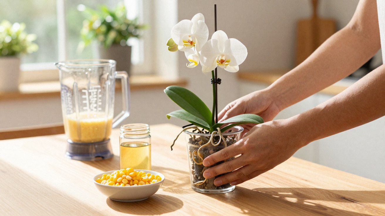 Hands arranging a white orchid plant in a glass pot on a wooden table with ingredients and a blender nearby.