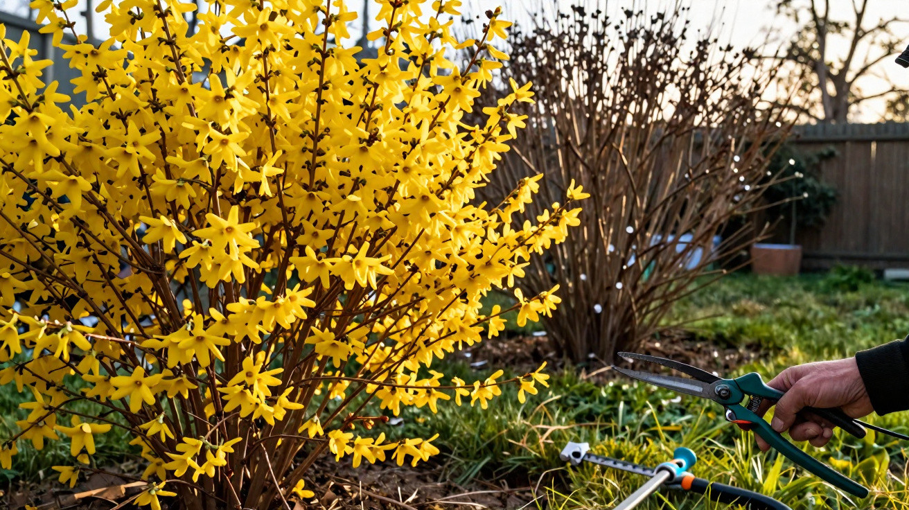 Bright yellow flowers bloom on a bush with a hand holding garden shears nearby in a grassy backyard.