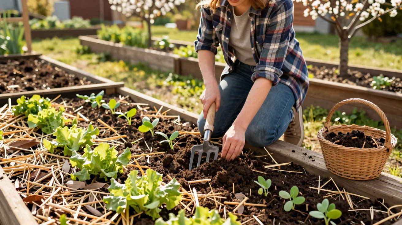 Person kneeling and using a hand fork to tend soil in a raised garden bed with young plants and a basket nearby.