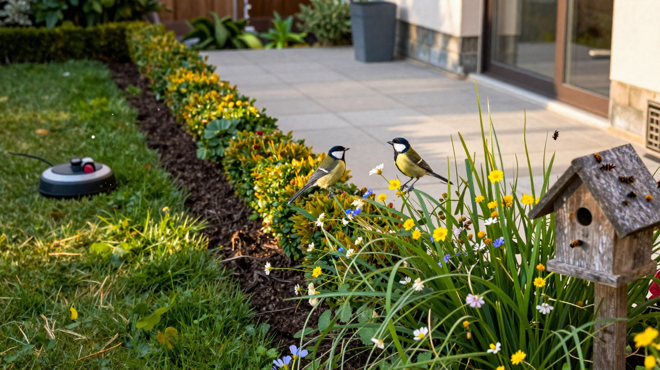 Two great tits perched on flowers in a garden near a birdhouse and patio door.
