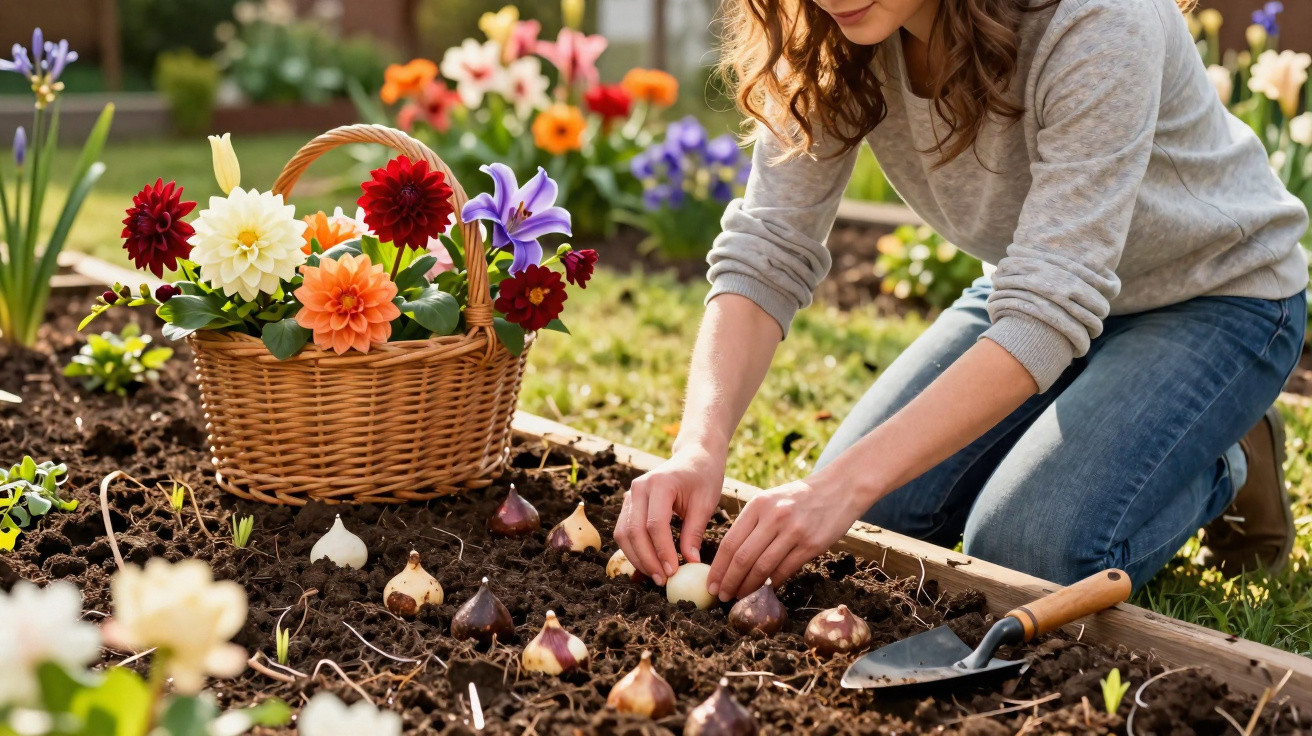Person planting flower bulbs in garden bed next to basket of colourful flowers and gardening trowel.