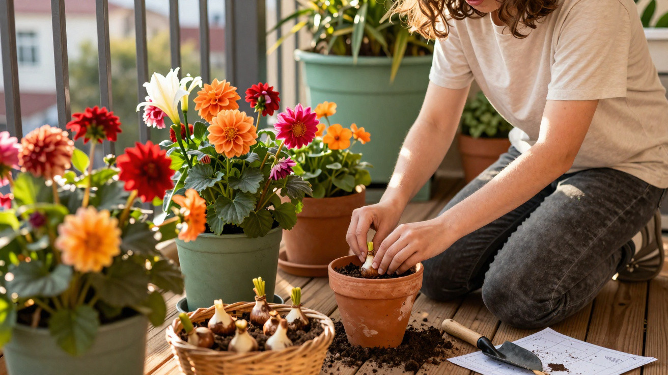 Person planting bulbs in a pot surrounded by colourful flowering plants on a wooden balcony floor.