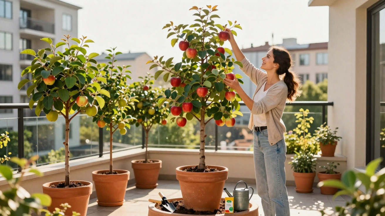 Woman picking ripe apples from potted trees on a sunny urban balcony garden.
