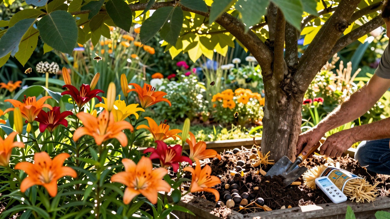 Person gardening near a tree with colourful lilies and garden tools in a bright, sunny flower bed.