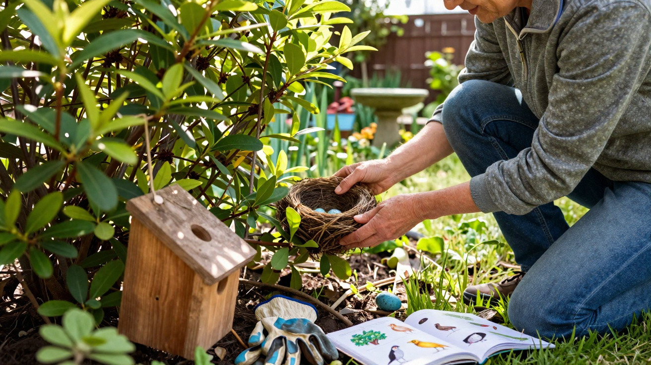Person placing blue eggs in a nest near a wooden birdhouse in a garden with gardening gloves and a bird guidebook nearby.