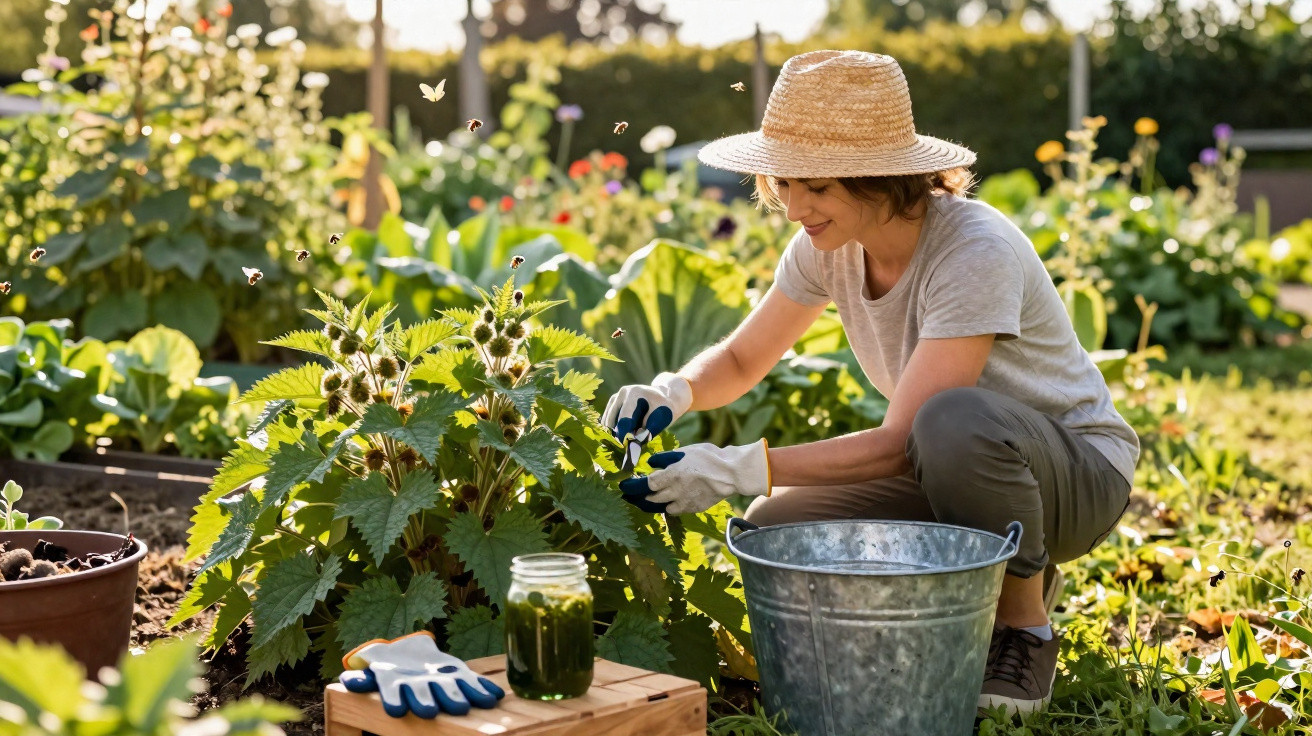 Woman wearing a straw hat harvesting nettle leaves in a sunny garden with gloves and a metal bucket nearby.
