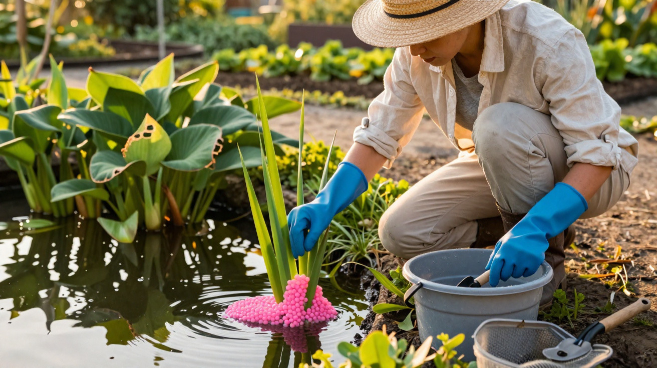 Person wearing a straw hat and blue gloves placing pink fish eggs in a pond surrounded by plants and gardening tools.