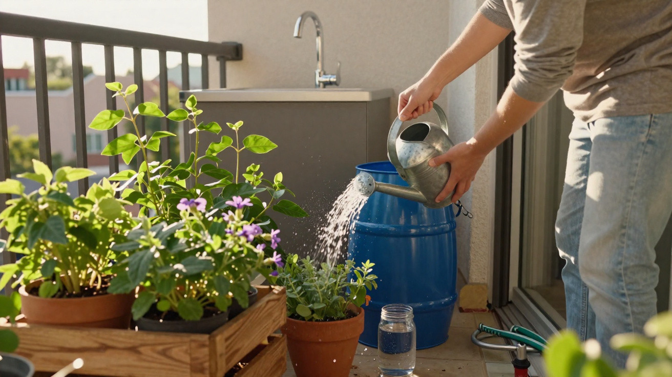 Person watering potted plants with a metal watering can on a sunny balcony or patio.