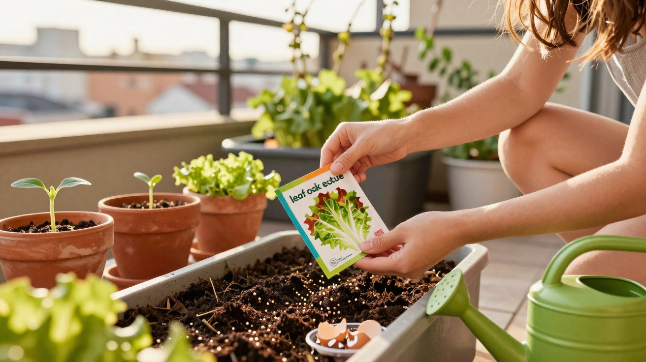 Person planting leaf oak lettuce seeds in soil on a balcony garden with pots and a green watering can nearby.