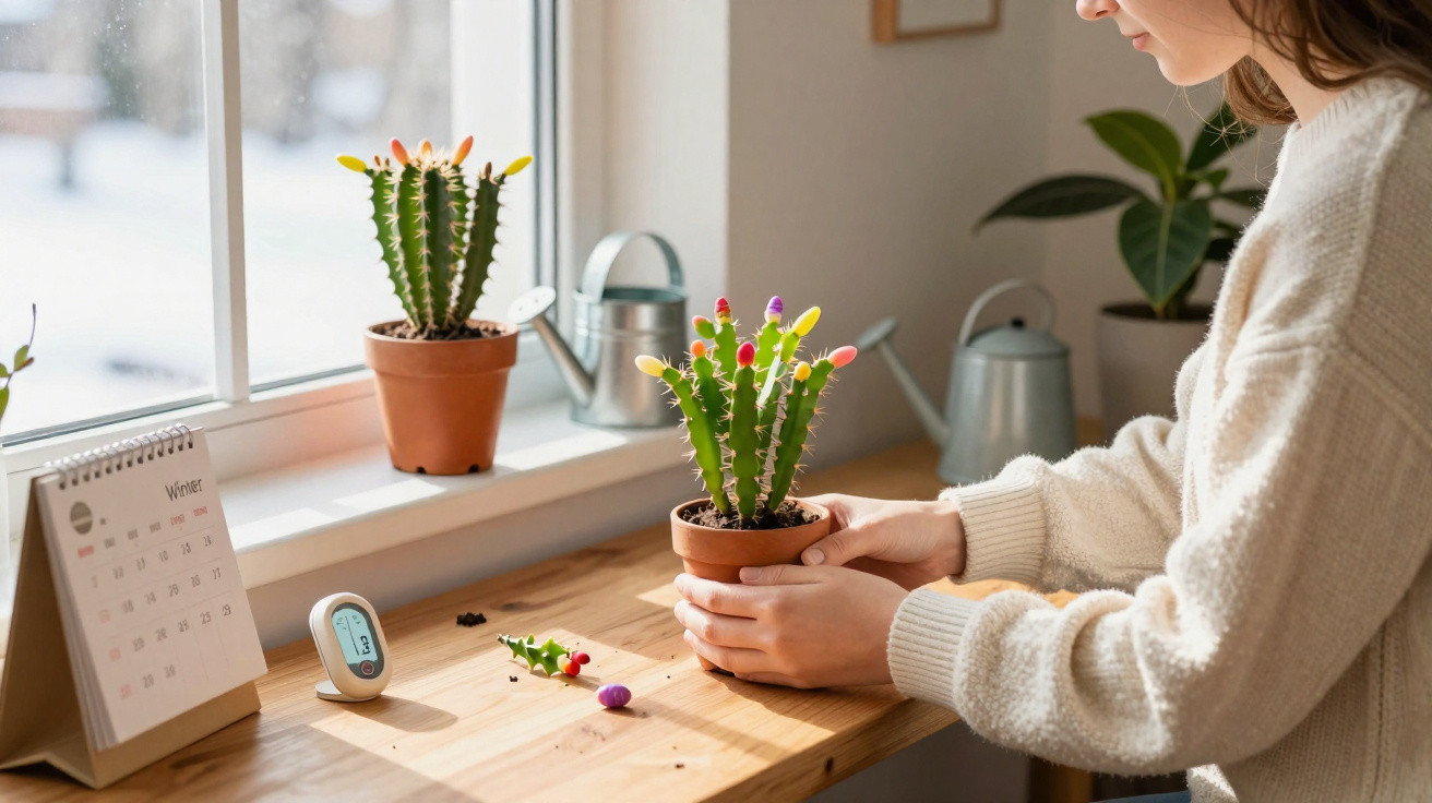 Person decorating a cactus with colourful jelly beans by a sunny window in winter.