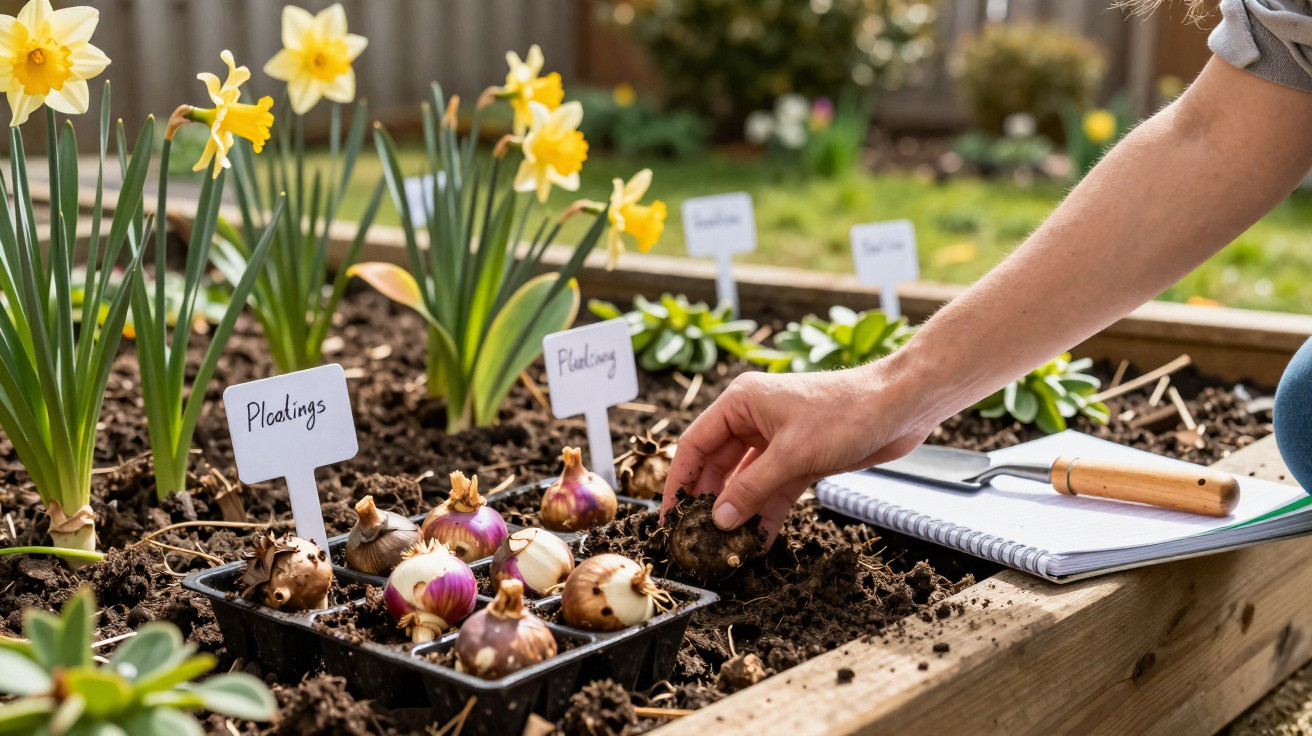 Person planting flower bulbs in soil with yellow daffodils and labelled signs in a raised garden bed.