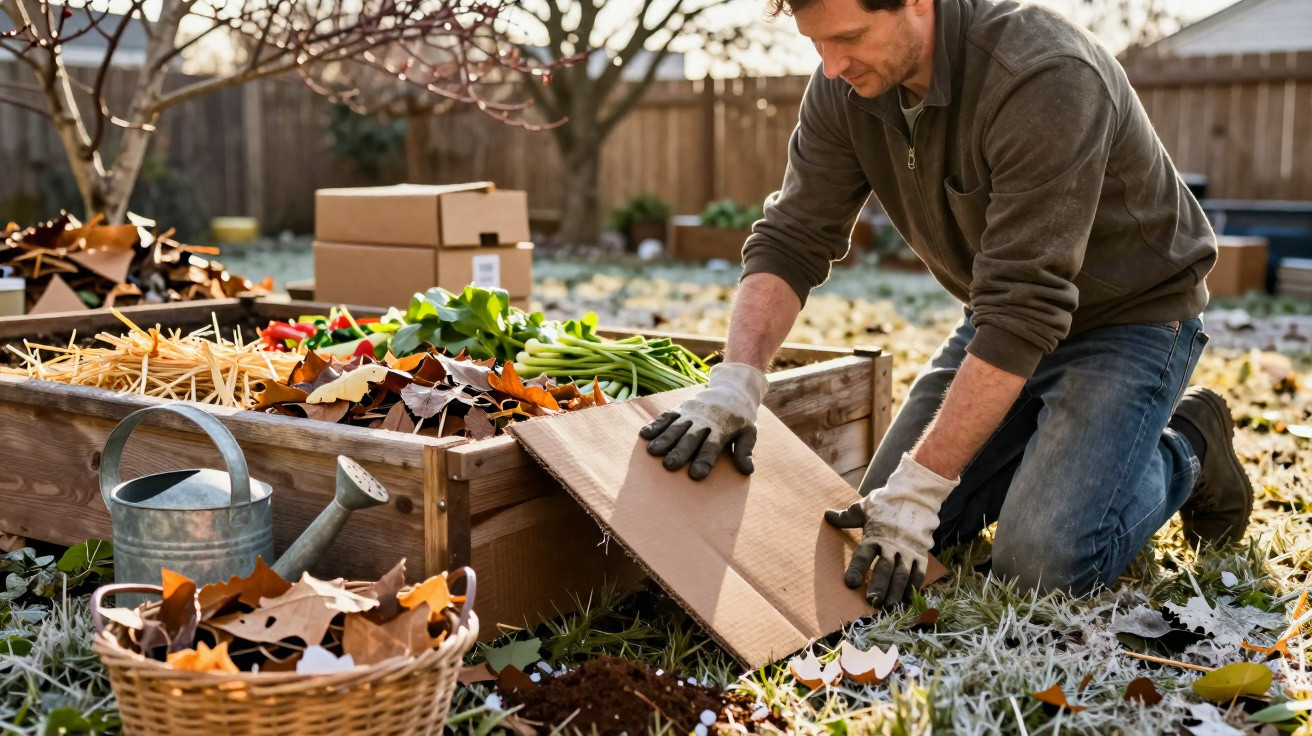 Man kneeling in frosty garden covering raised bed with cardboard for composting autumn leaves and vegetable scraps.