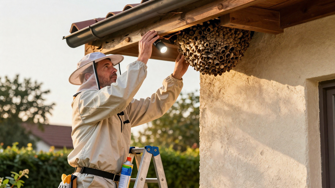 Man in protective suit inspecting a large wasp nest under a house roof with a flashlight.