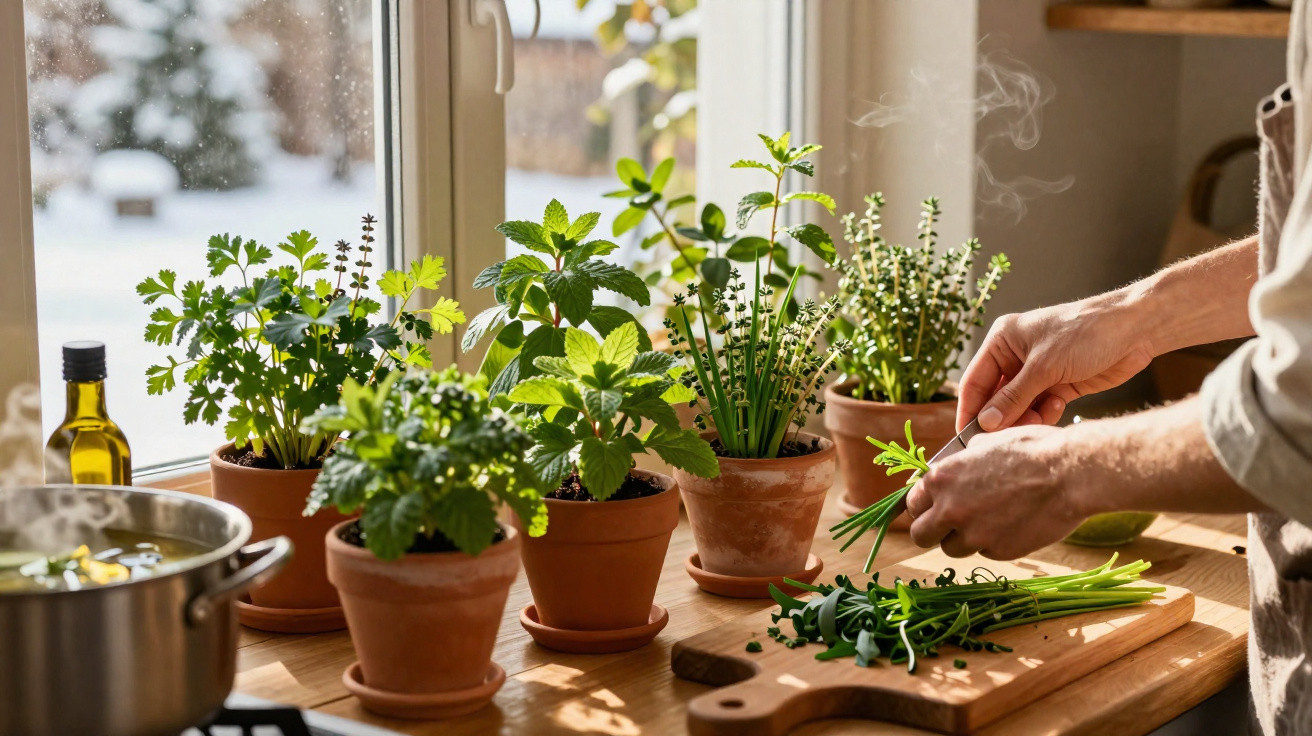 Hands chopping fresh herbs on a wooden board next to potted herb plants on a sunny kitchen windowsill.