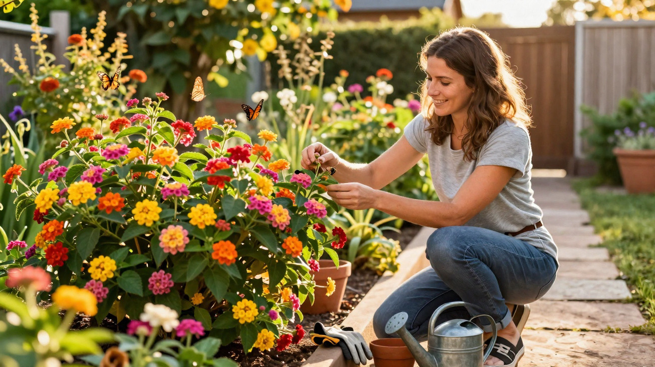 Woman tending colourful flowers with butterflies in a sunlit garden, gardening gloves and watering can nearby.