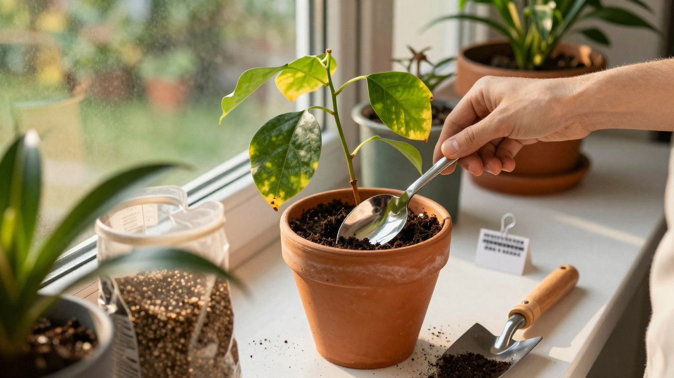 Hand spooning soil into a small potted plant on a windowsill with gardening tools nearby.