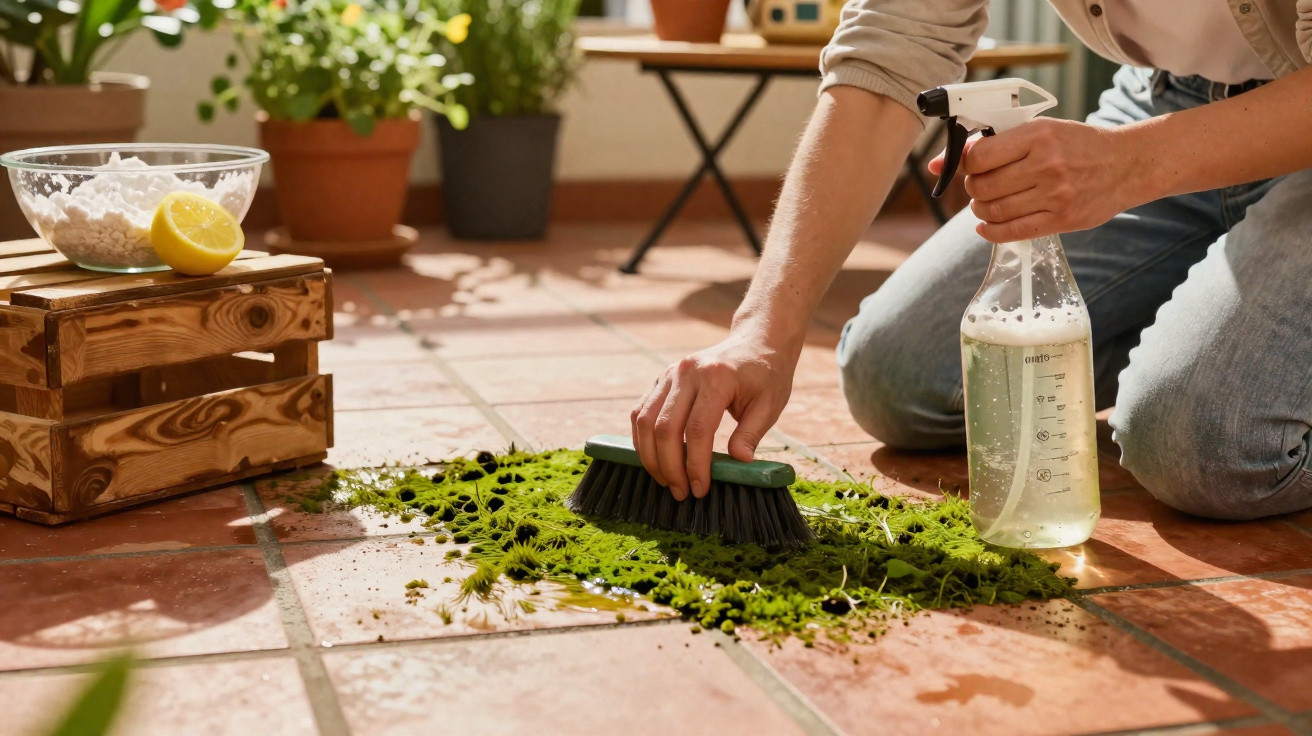 Person cleaning green moss off tiled floor with scrub brush and spray bottle on a sunlit patio with plants nearby