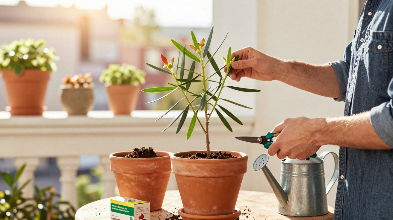 Person pruning a small plant in a terracotta pot on a sunlit balcony with gardening tools nearby.