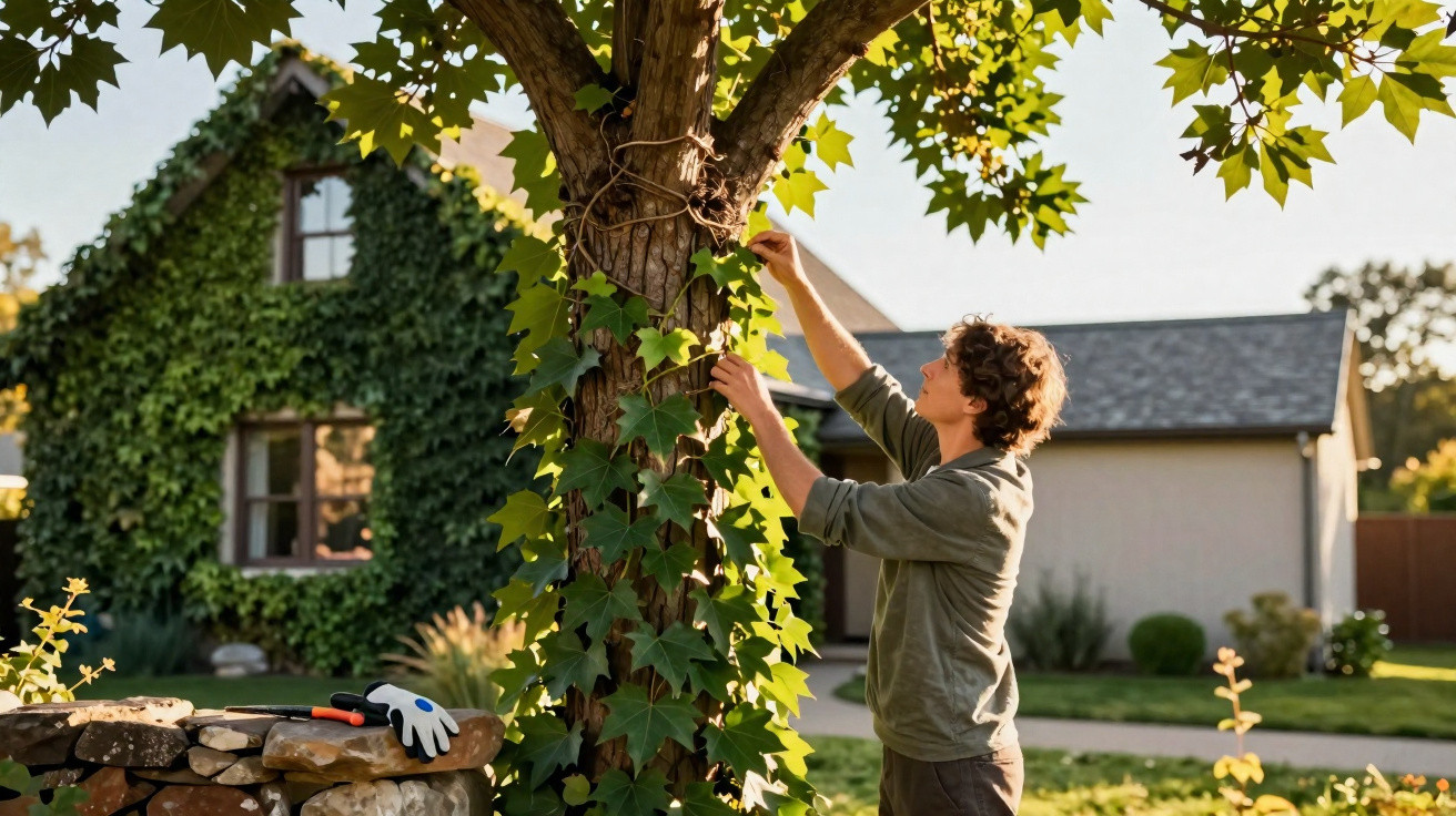 Young man attaching string lights to a tree covered in ivy outside a house in a garden.