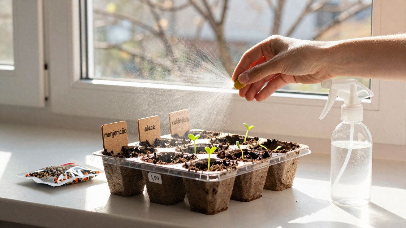 Hand spraying water on seedlings growing in labelled peat pots on a sunlit windowsill.