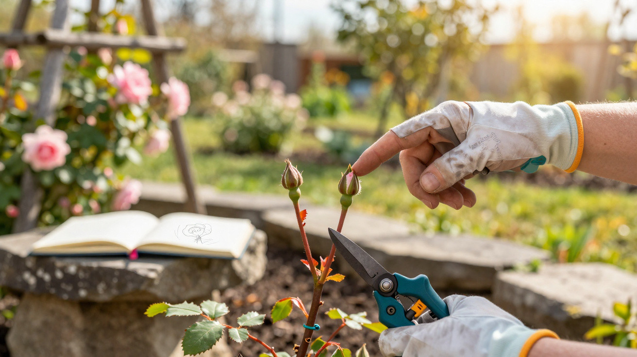 Person wearing gardening gloves pruning rose buds with secateurs in a sunlit garden.