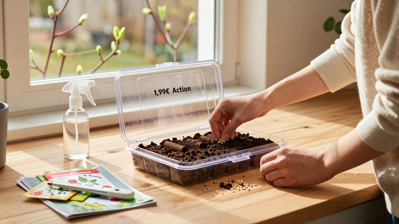 Person planting seeds in soil-filled container on wooden table by window with gardening supplies nearby