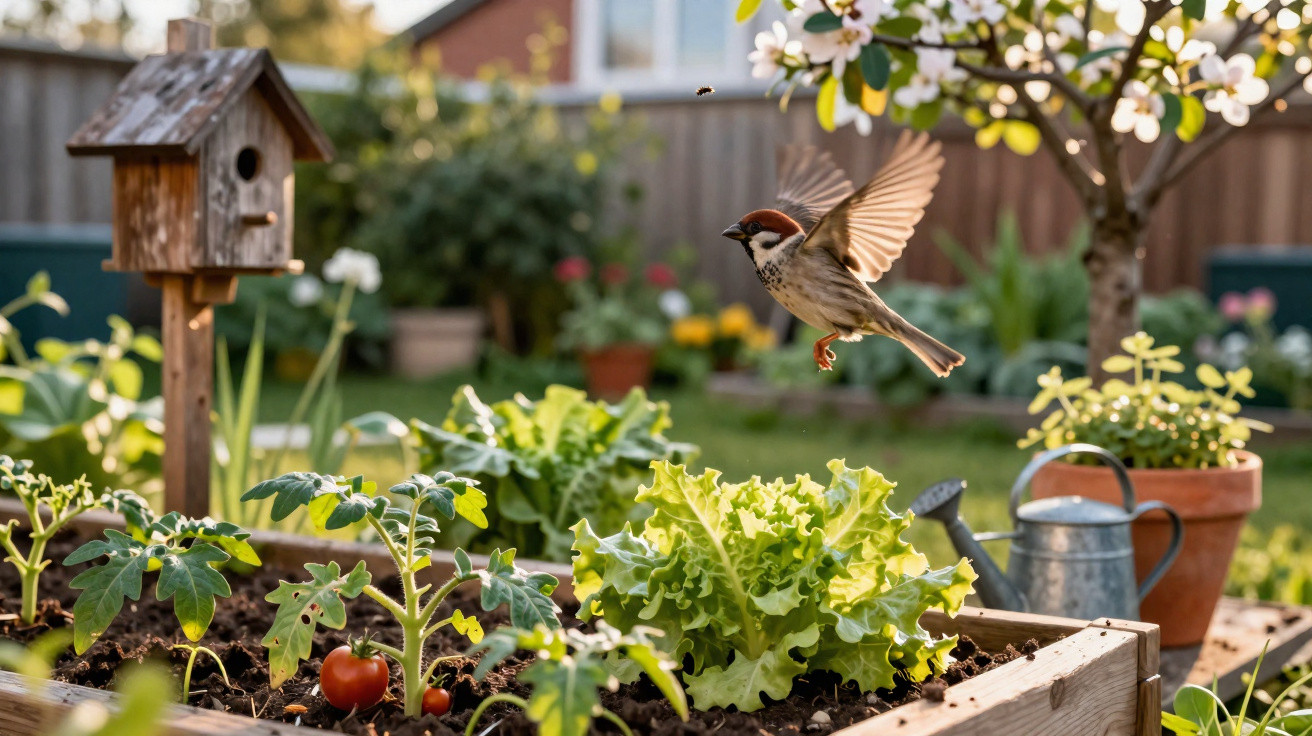 Sparrow flying above a raised garden bed with lettuce and tomato plants in a sunny garden.