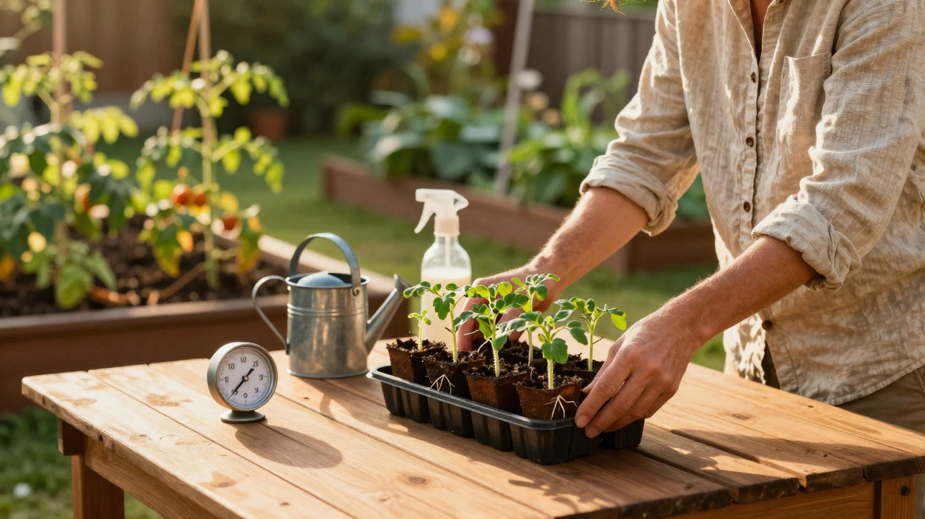 Person tending seedlings in a tray on a wooden table with watering can and spray bottle in garden setting.