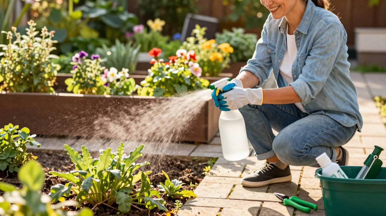 Woman wearing gloves watering plants in a garden with a spray bottle on a sunny day